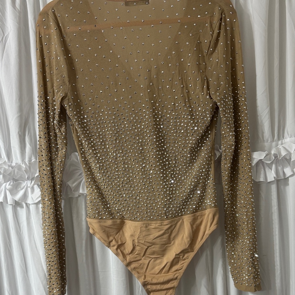 Elegant Tan Rhinestone Bodysuit By View 3